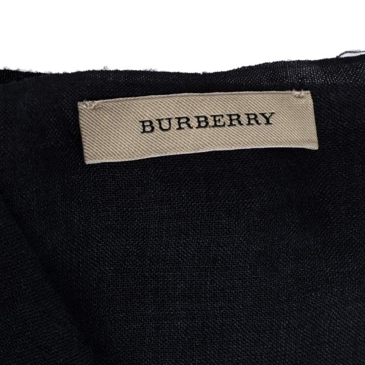 Pre Owned Burberry Navy Blue Checked Wool and Silk Fringed Edge Scarf