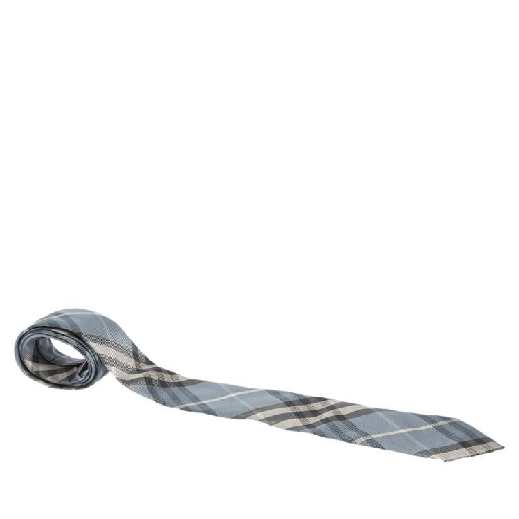 Pre Owned Burberry Pale Blue & Beige Checked Silk Tie 