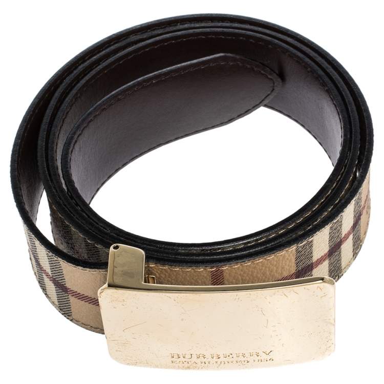 Pre Owned Burberry Beige Haymarket Check PVC Logo Plaque Belt 100CM
