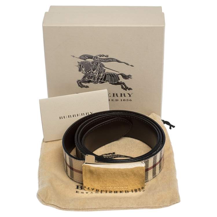 Pre Owned Burberry Beige Haymarket Check PVC Logo Plaque Belt 100CM