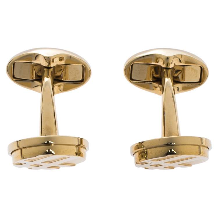 Pre Owned Burberry Check Engraved Gold Tone Round Cufflinks