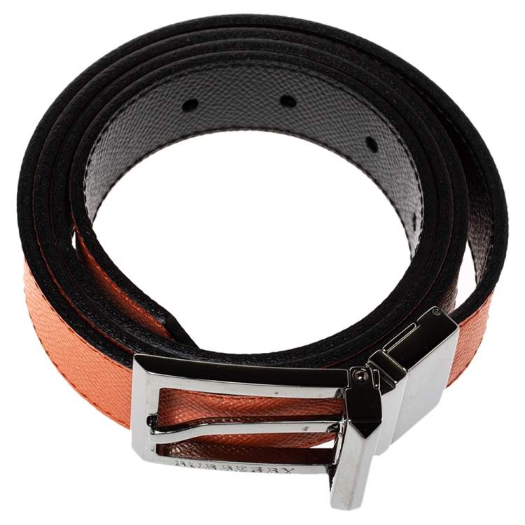 Pre Owned Burberry Orange/Black Leather Reversible Buckle Belt 100CM