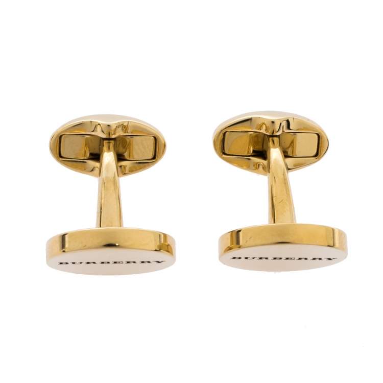 Pre Owned Burberry Logo Engraved Gold Tone Round Cufflinks