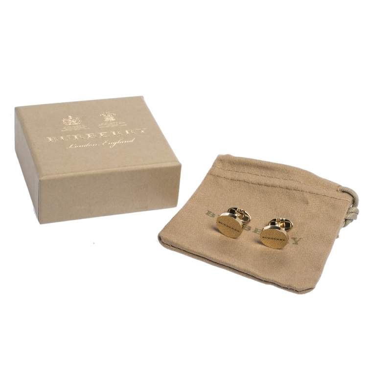 Pre Owned Burberry Logo Engraved Gold Tone Round Cufflinks