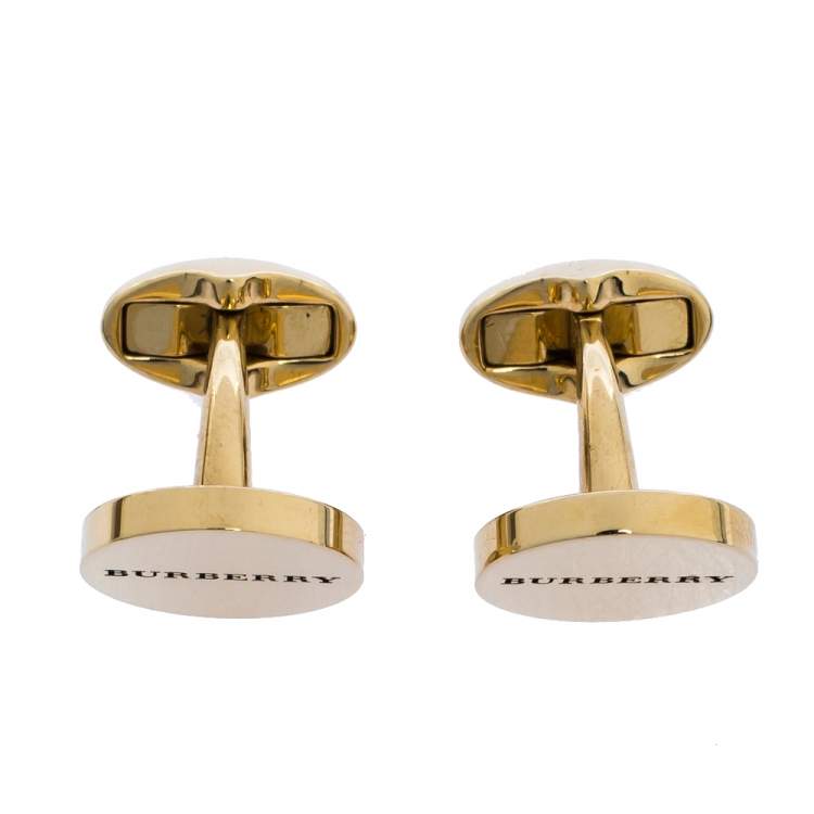 Pre Owned Burberry Logo Engraved Gold Tone Round Cufflinks