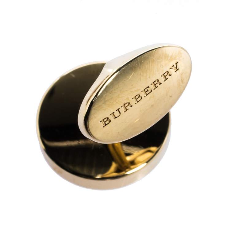Pre Owned Burberry Logo Engraved Gold Tone Round Cufflinks