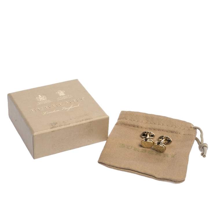 Pre Owned Burberry Check Engraved Gold Tone Round Cufflinks