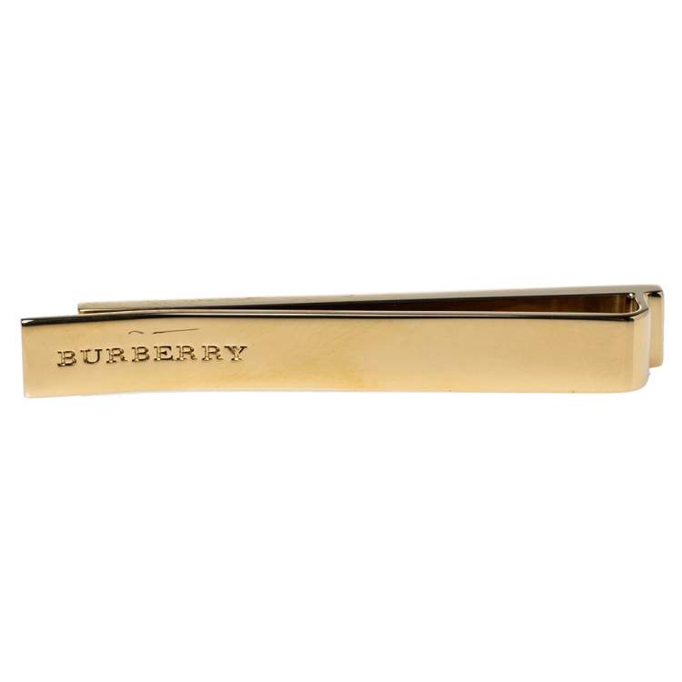 Pre Owned Burberry Check Engraved Gold Tone Tie Bar