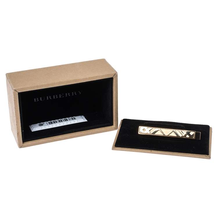 Pre Owned Burberry Check Engraved Gold Tone Tie Bar