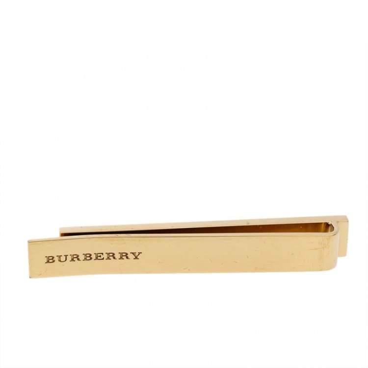 Pre Owned Burberry Check Engraved Gold Tone Tie Bar
