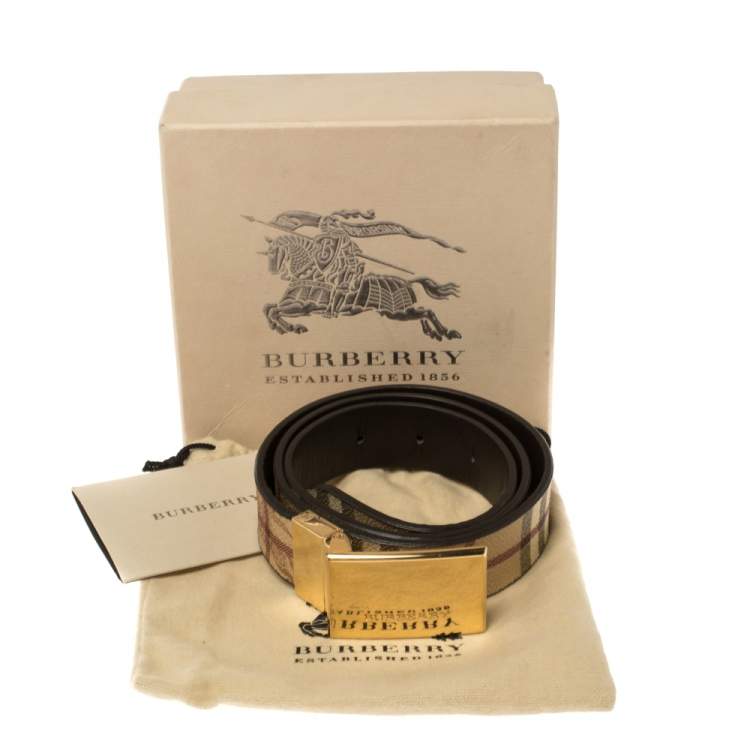 Pre Owned Burberry Beige Haymarket Check PVC Logo Plaque Belt 80CM