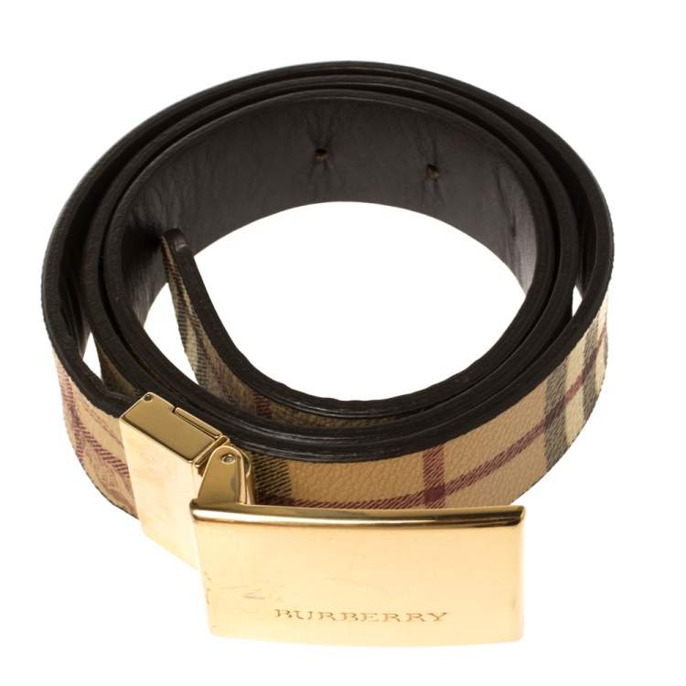 Pre Owned Burberry Beige Haymarket Check PVC Logo Plaque Belt 80CM