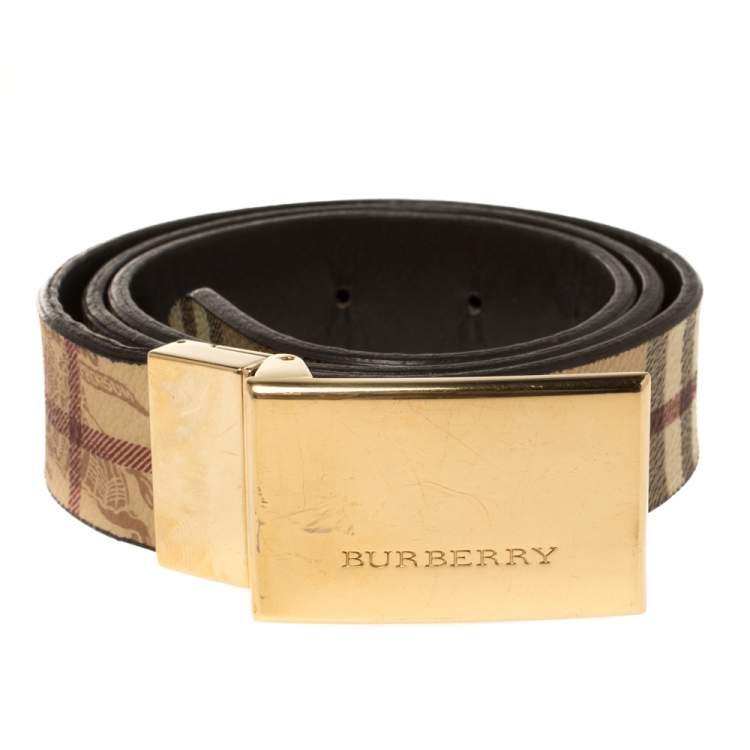 Pre Owned Burberry Beige Haymarket Check PVC Logo Plaque Belt 80CM