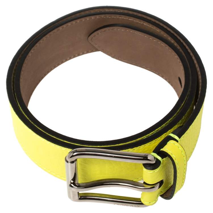 Pre Owned Burberry Neon Green Pebbled Leather Mark Buckle Belt 90 CM