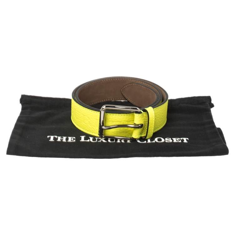 Pre Owned Burberry Neon Green Pebbled Leather Mark Buckle Belt 90 CM