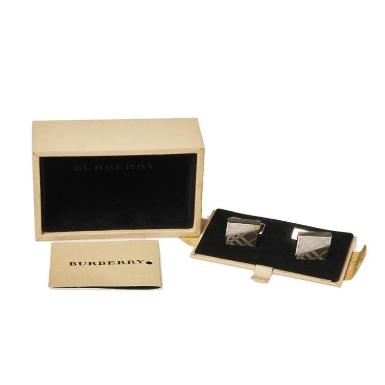 Pre Owned Burberry Silver Tone House Check Square Cufflinks