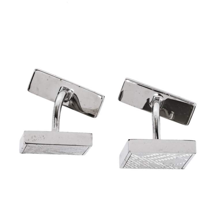 Pre Owned Burberry Silver Tone House Check Square Cufflinks