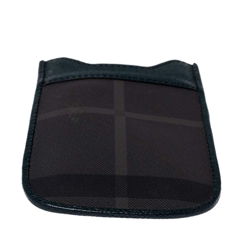 Pre Owned Burberry Green/Grey Check Canvas and Leather Phone Pouch