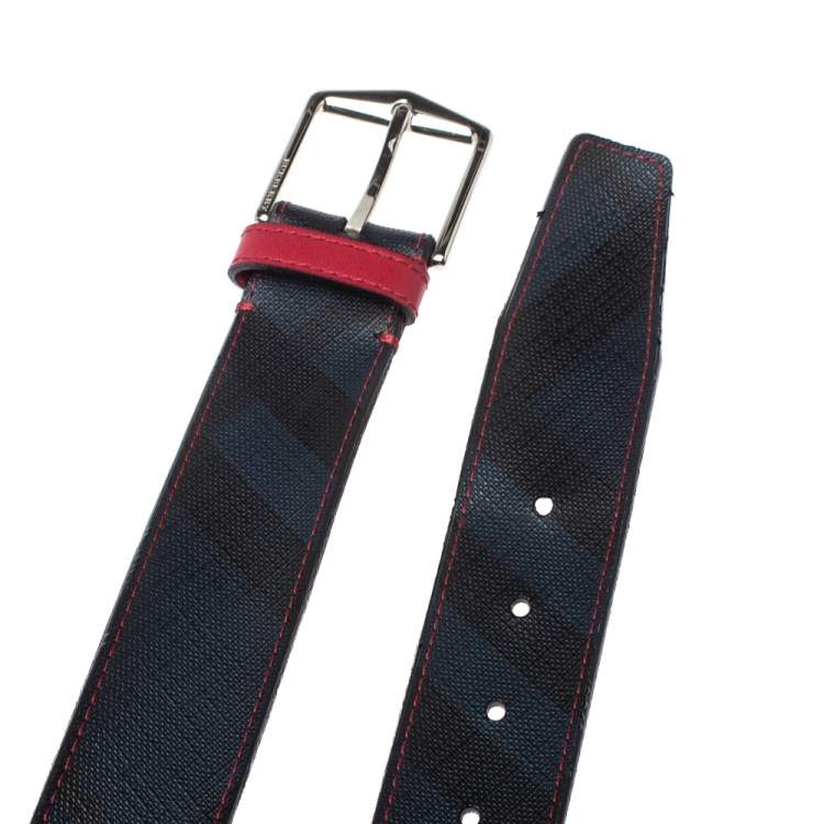 Pre Owned Burberry Navy Blue/Red Smoked Check Coated Canvas Joe Buckle Belt 100CM