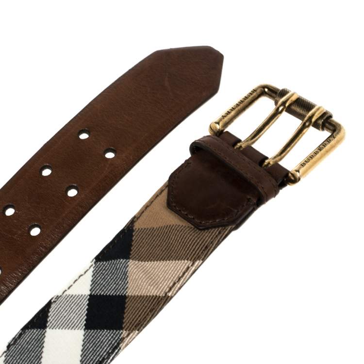 Pre Owned Burberry Beige/Brown House Check Canvas and Leather Buckle Belt 110 CM