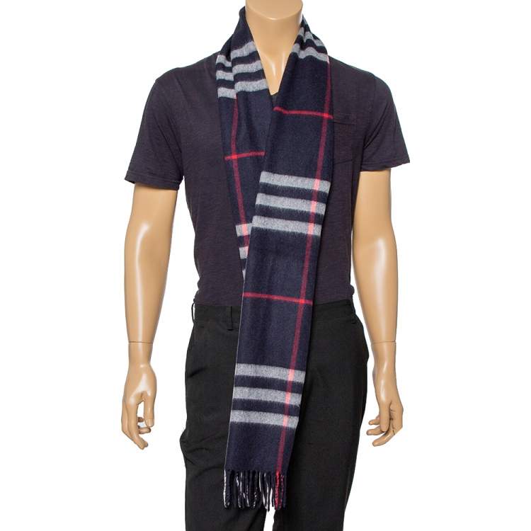 Pre Owned Burberry Navy Blue Classic Checkered Cashmere Fringed Stole