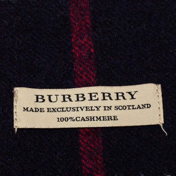 Pre Owned Burberry Navy Blue Classic Checkered Cashmere Fringed Stole