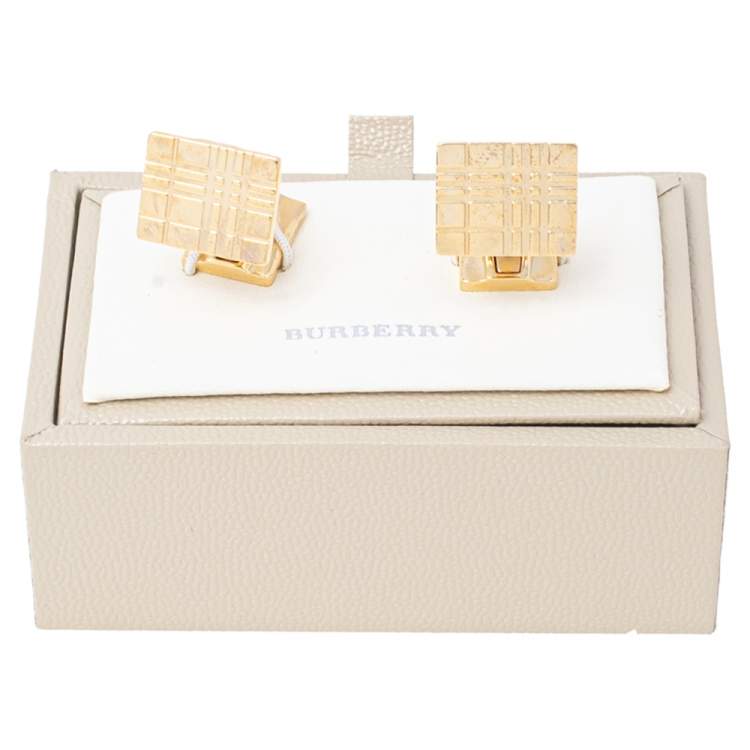 Pre Owned Burberry Gold Tone Check Patterned Cufflinks