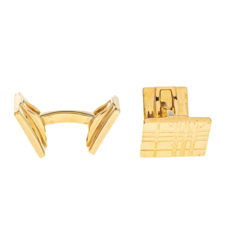 Pre Owned Burberry Gold Tone Check Patterned Cufflinks