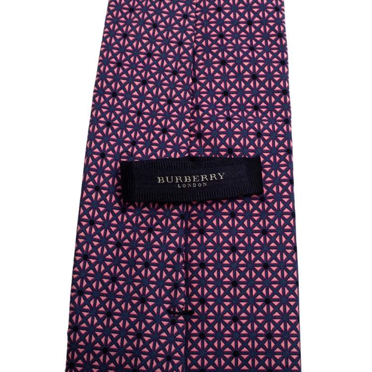 Pre Owned Burberry Pink & Navy Blue Patterned Silk Tie