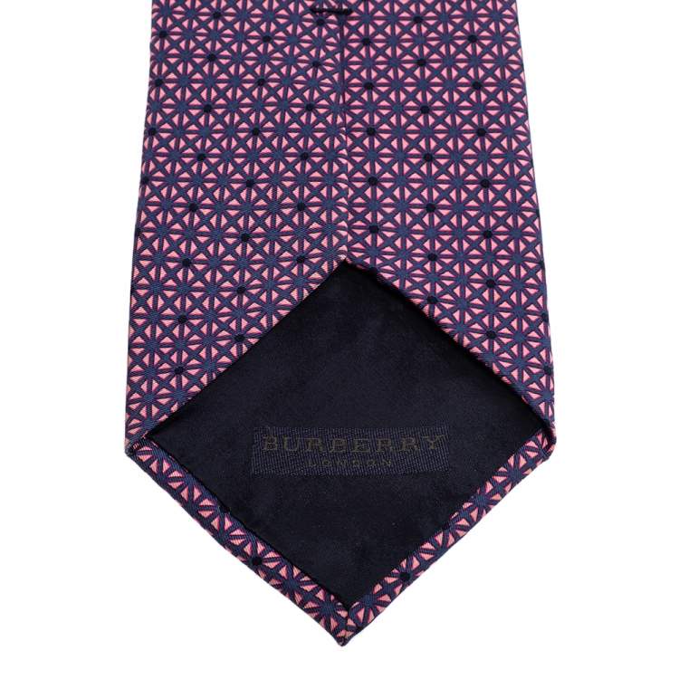 Pre Owned Burberry Pink & Navy Blue Patterned Silk Tie