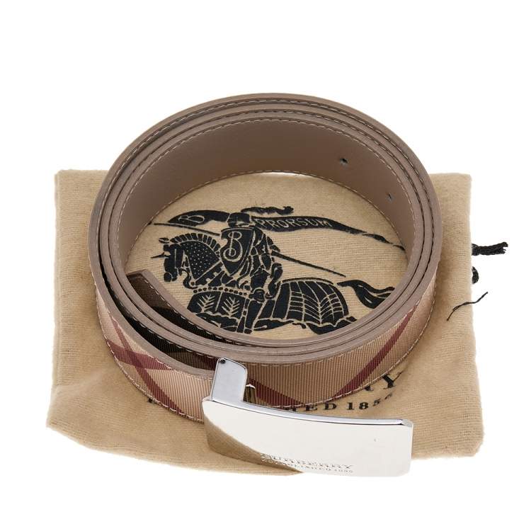 Pre Owned Burberry Beige Novacheck Coated Canvas Logo Plaque Belt 100 CM