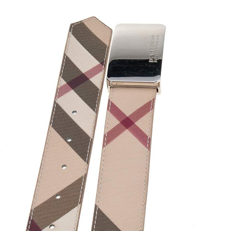 Pre Owned Burberry Beige Novacheck Coated Canvas Logo Plaque Belt 100 CM