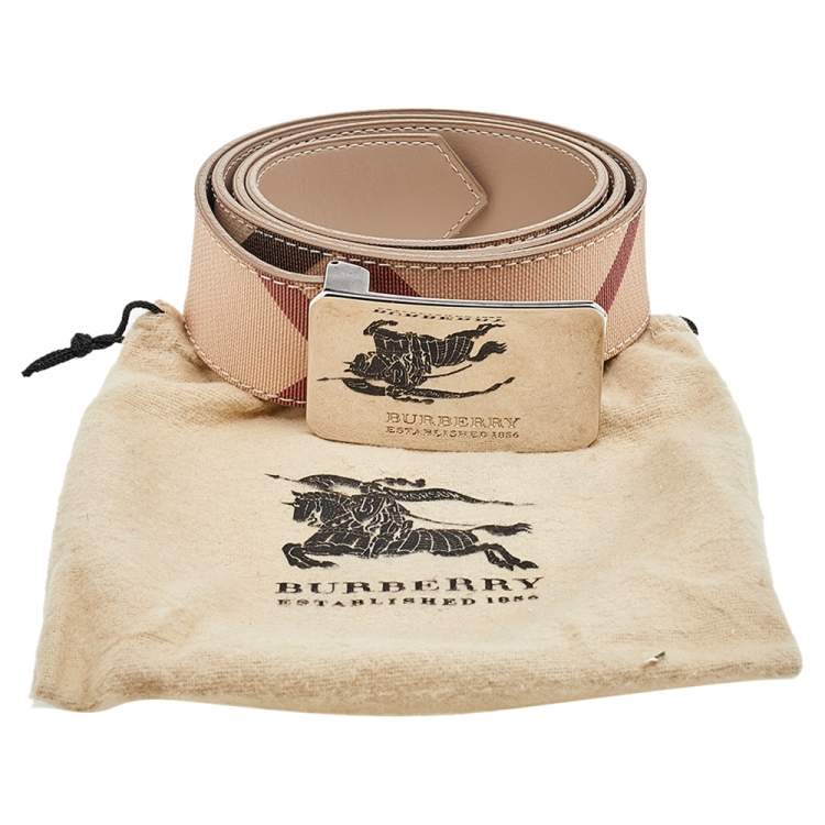 Pre Owned Burberry Beige Novacheck Coated Canvas Logo Plaque Belt 100 CM
