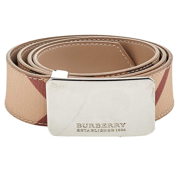 Pre Owned Burberry Beige Novacheck Coated Canvas Logo Plaque Belt 100 CM