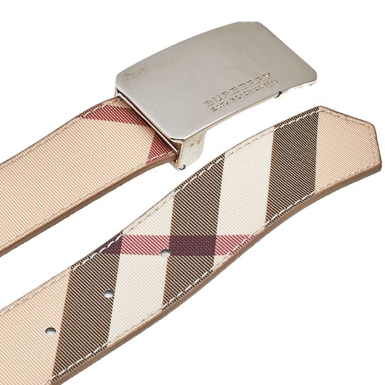 Pre Owned Burberry Beige Novacheck Coated Canvas Logo Plaque Belt 100 CM