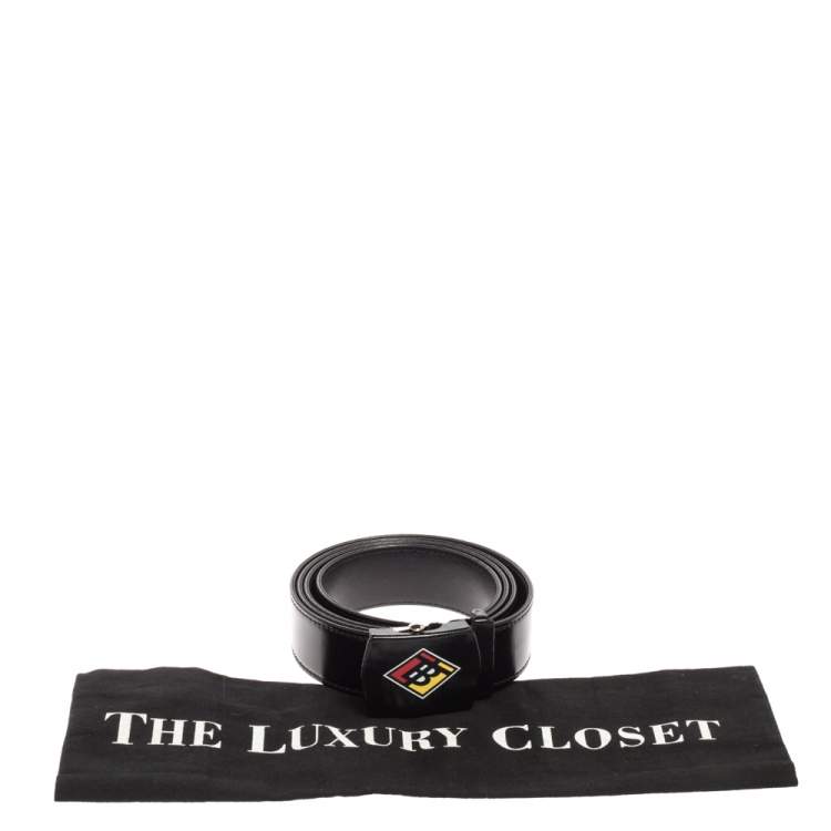 Pre Owned Burberry Black Coated Canvas and Leather Logo Graphic Plague Belt 95CM