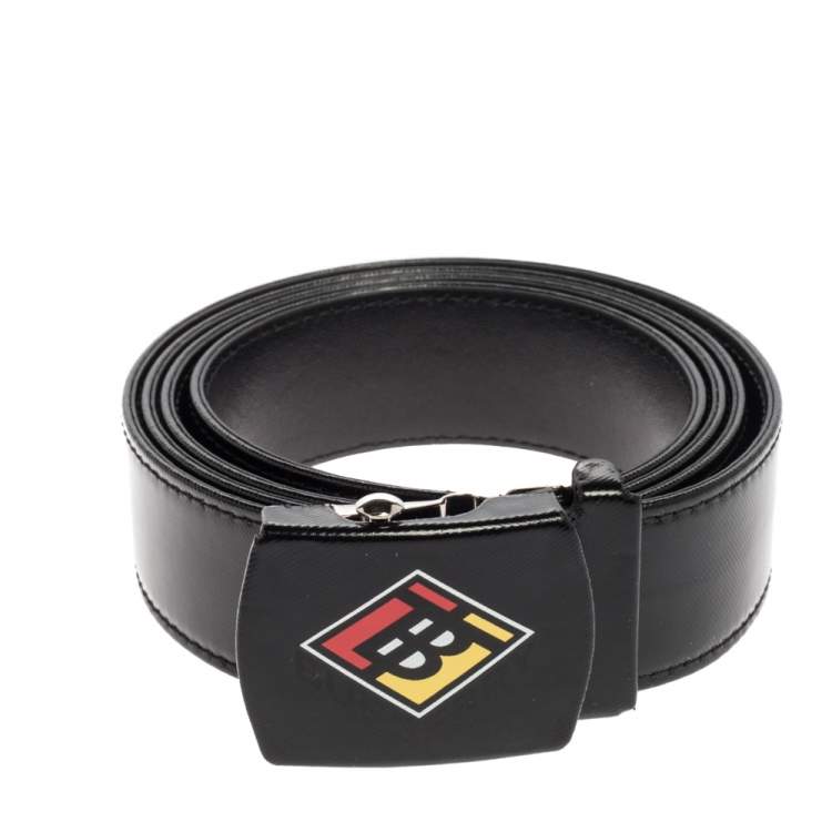 Pre Owned Burberry Black Coated Canvas and Leather Logo Graphic Plague Belt 95CM