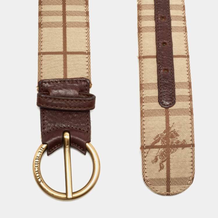Pre Owned Burberry Beige /Brown Haymarket Check Canvas and Leather Belt 100CM