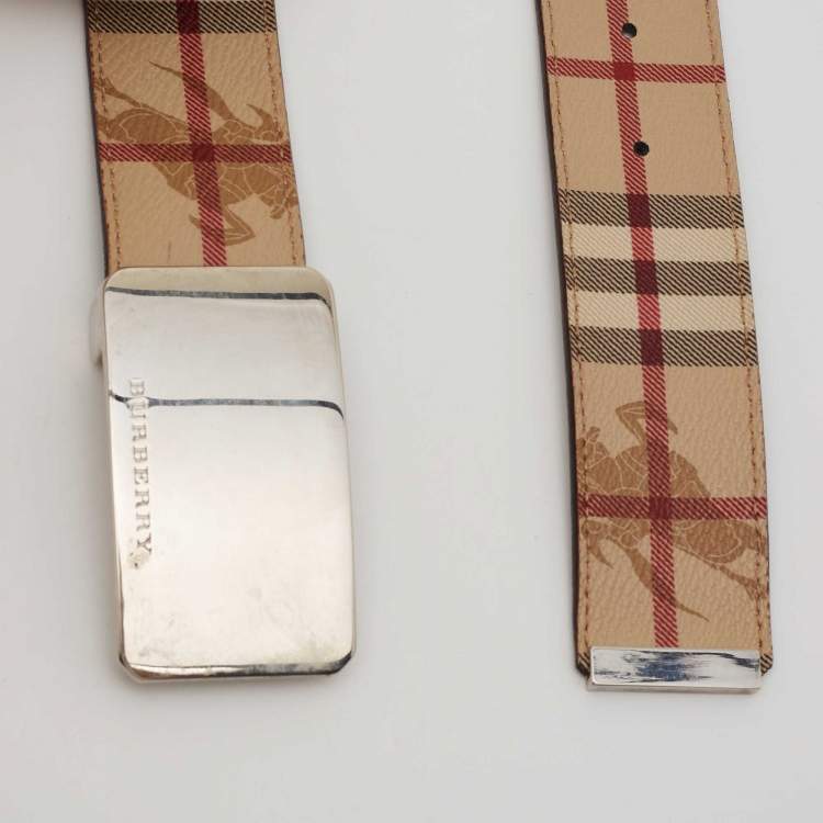 Pre Owned  Burberry Beige Haymarket Check Coated Canvas Logo Plaque Cut to Size Belt 100CM
