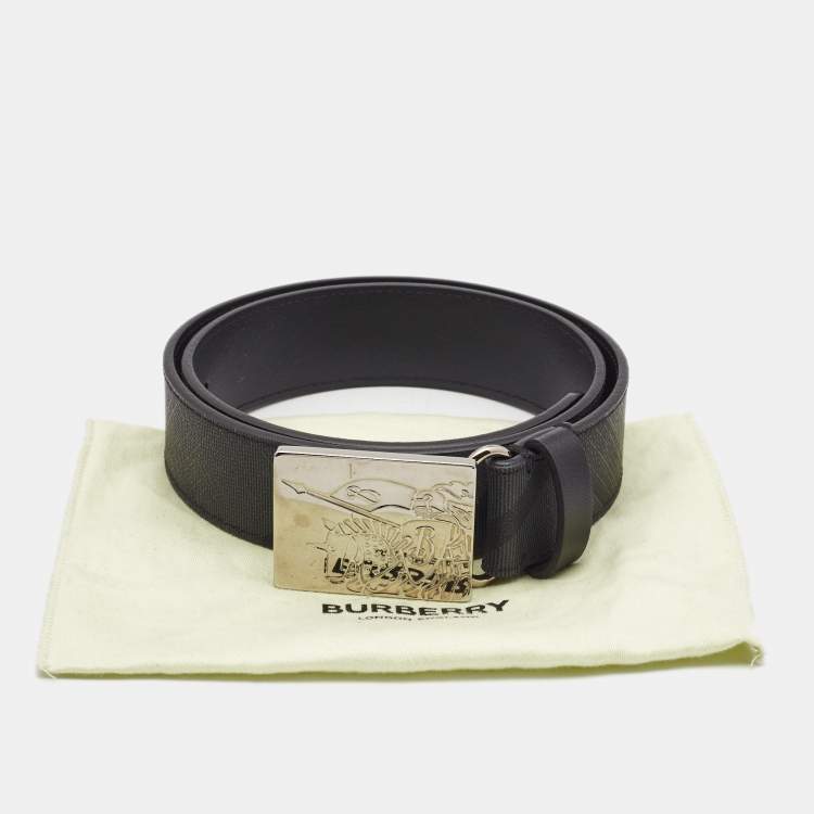 Pre Owned Burberry Black Charcoal Check Coated Canvas Logo Plague Belt 75CM