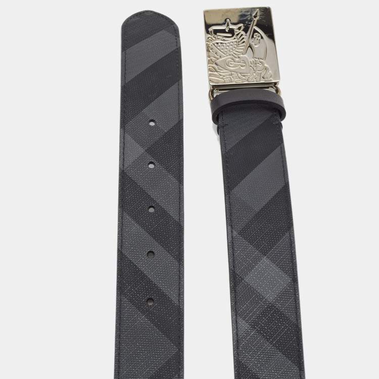 Pre Owned Burberry Black Charcoal Check Coated Canvas Logo Plague Belt 75CM