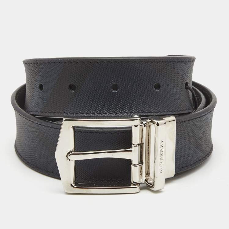 Pre Owned Burberry Navy Blue/Black Check Coated Canvas and Leather Buckle Reversible Belt 75CM
