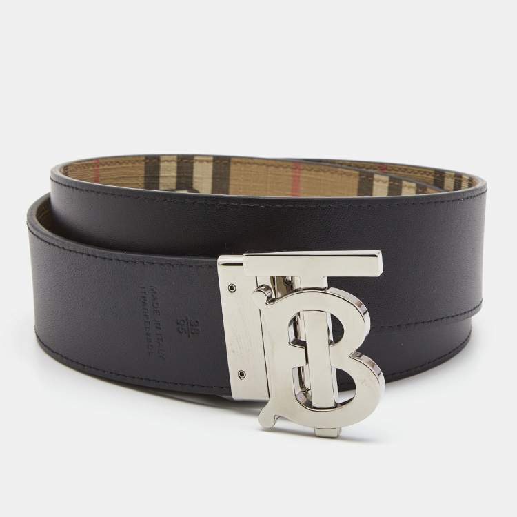 Pre Owned Burberry Beige/Black Housecheck Coated Canvas and Leather TB Logo Reversible Belt 95CM