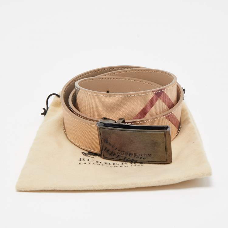 Pre Owned Burberry Beige Haymarket Check Coated Canvas Logo Plaque Belt 100CM
