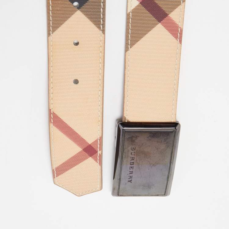 Pre Owned Burberry Beige Haymarket Check Coated Canvas Logo Plaque Belt 100CM