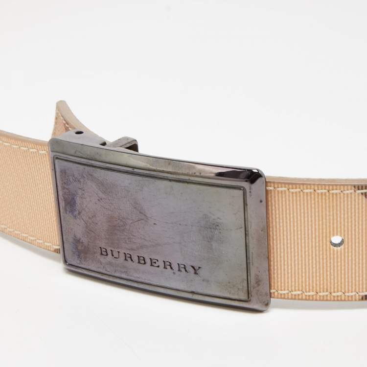 Pre Owned Burberry Beige Haymarket Check Coated Canvas Logo Plaque Belt 100CM