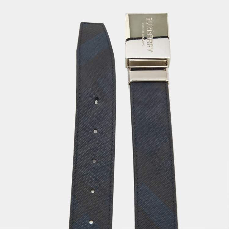 Pre Owned Burberry Navy Blue Check Coated Canvas and Leather Logo Plague Reversible Belt 85CM