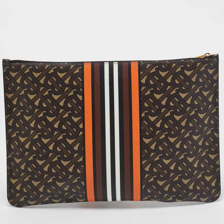 Pre Owned Burberry Orange/Brown TB Monogram Coated Canvas Stripe Zip Pouch