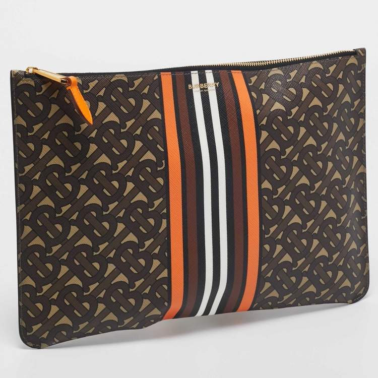 Pre Owned Burberry Orange/Brown TB Monogram Coated Canvas Stripe Zip Pouch