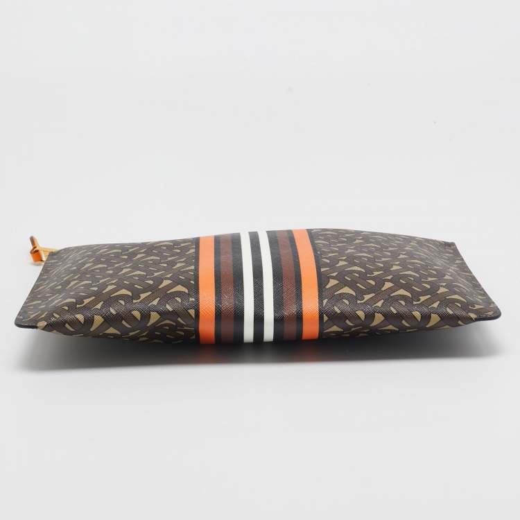 Pre Owned Burberry Orange/Brown TB Monogram Coated Canvas Stripe Zip Pouch